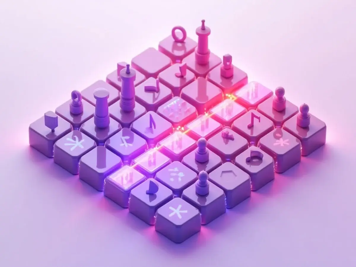 Grid of note tiles being captured by waves of light