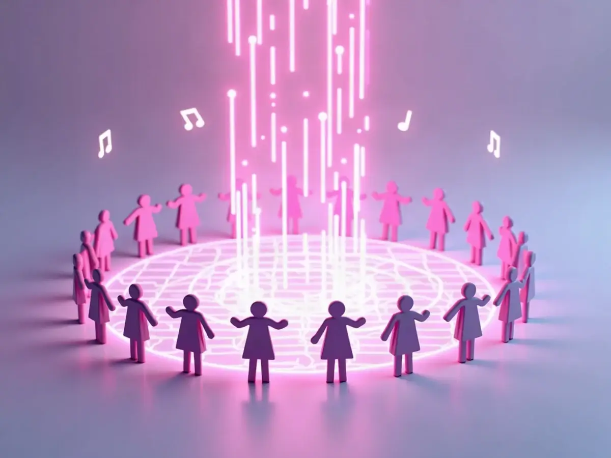 Players gathered around a shared grid of glowing notes